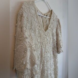 Laurence Kazar Ivory Beaded Short Sleeve Dress